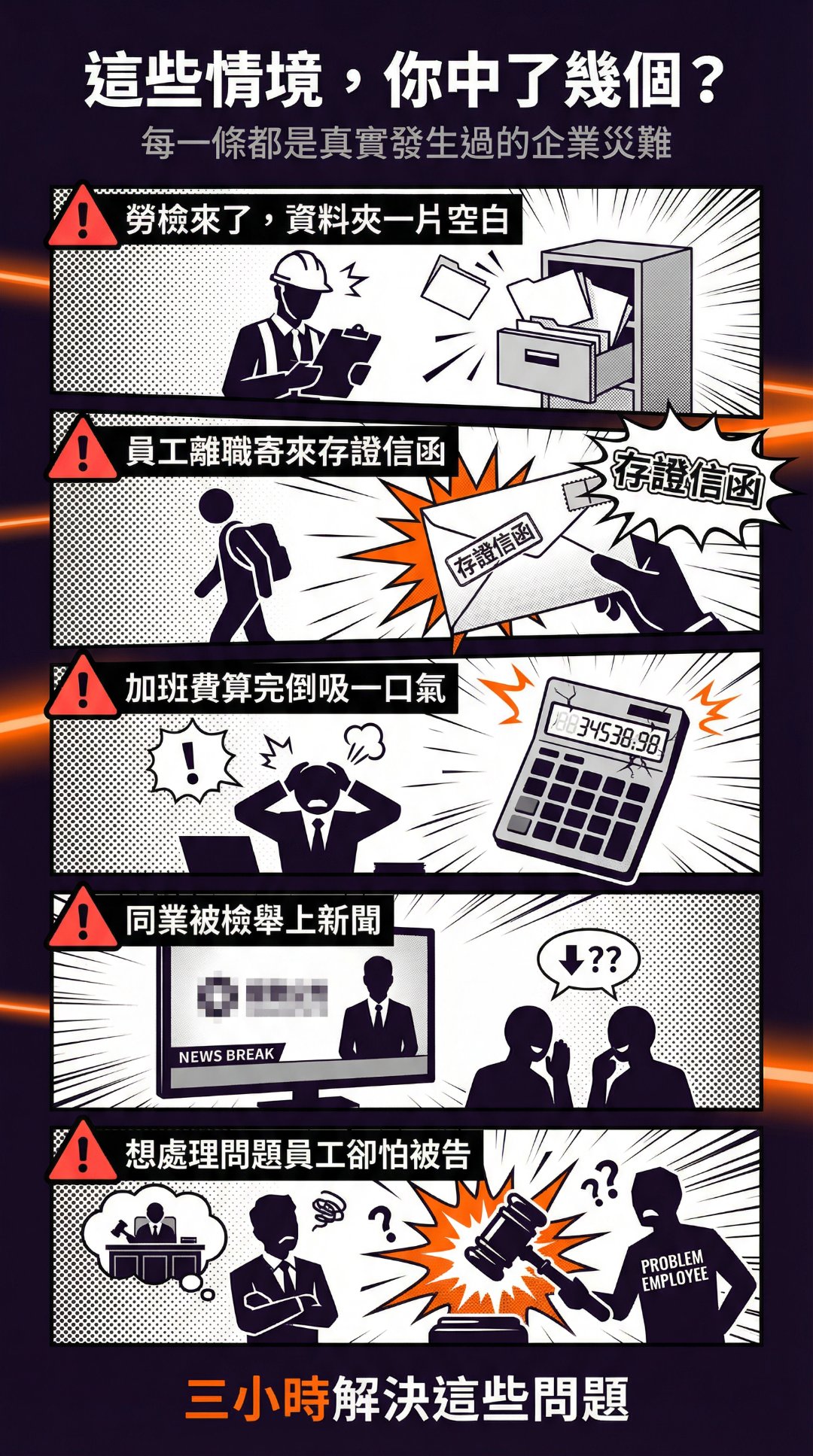 企業主常見勞資困擾痛點示意圖