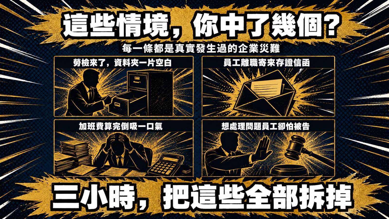 這些情境你中了幾個：勞檢來了資料夾一片空白、員工離職寄來存證信函、加班費算完倒吸一口氣、想處理問題員工卻怕被告