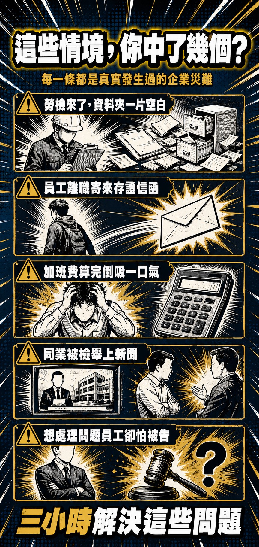 這些情境你中了幾個：勞檢來了資料夾一片空白、員工離職寄來存證信函、加班費算完倒吸一口氣、同業被檢舉上新聞、想處理問題員工卻怕被告
