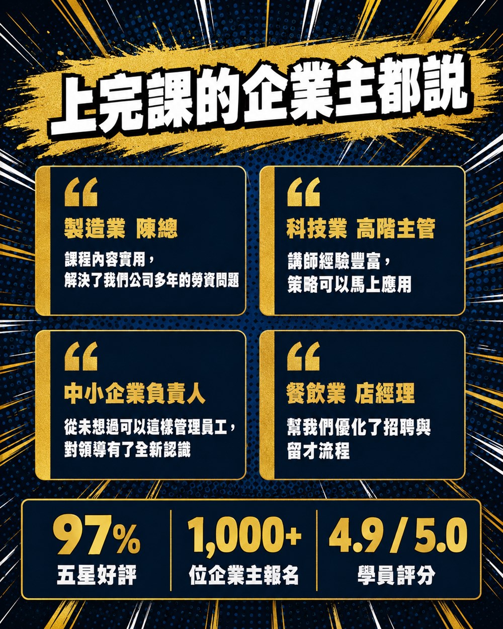 上完課的企業主都說：製造業陳總、科技業高階主管、中小企業負責人、餐飲業店經理的四則見證