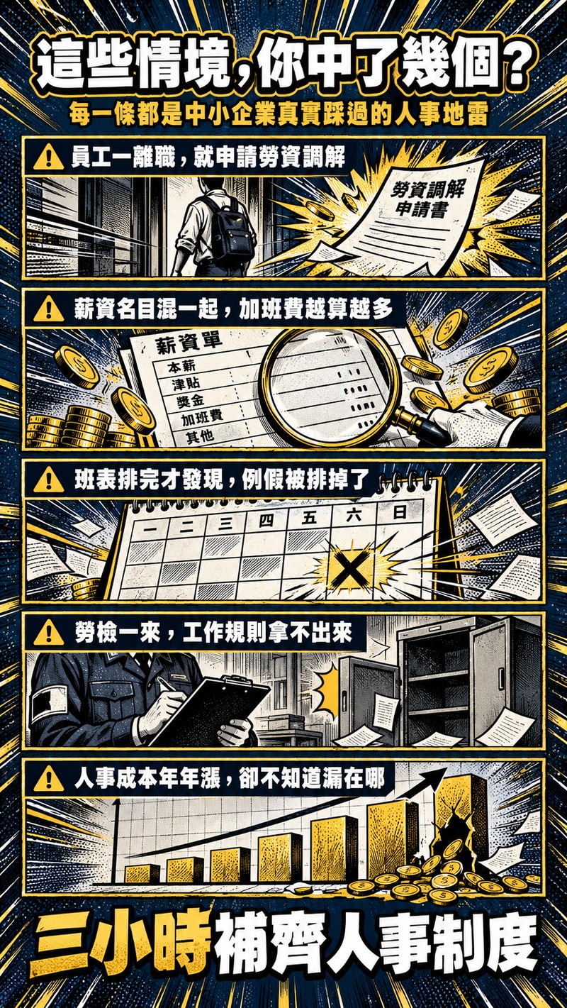 這些情境你中了幾個：員工一離職就申請勞資調解、薪資名目混一起加班費越算越多、班表排完才發現例假被排掉、勞檢一來工作規則拿不出來、人事成本年年漲卻不知道漏在哪