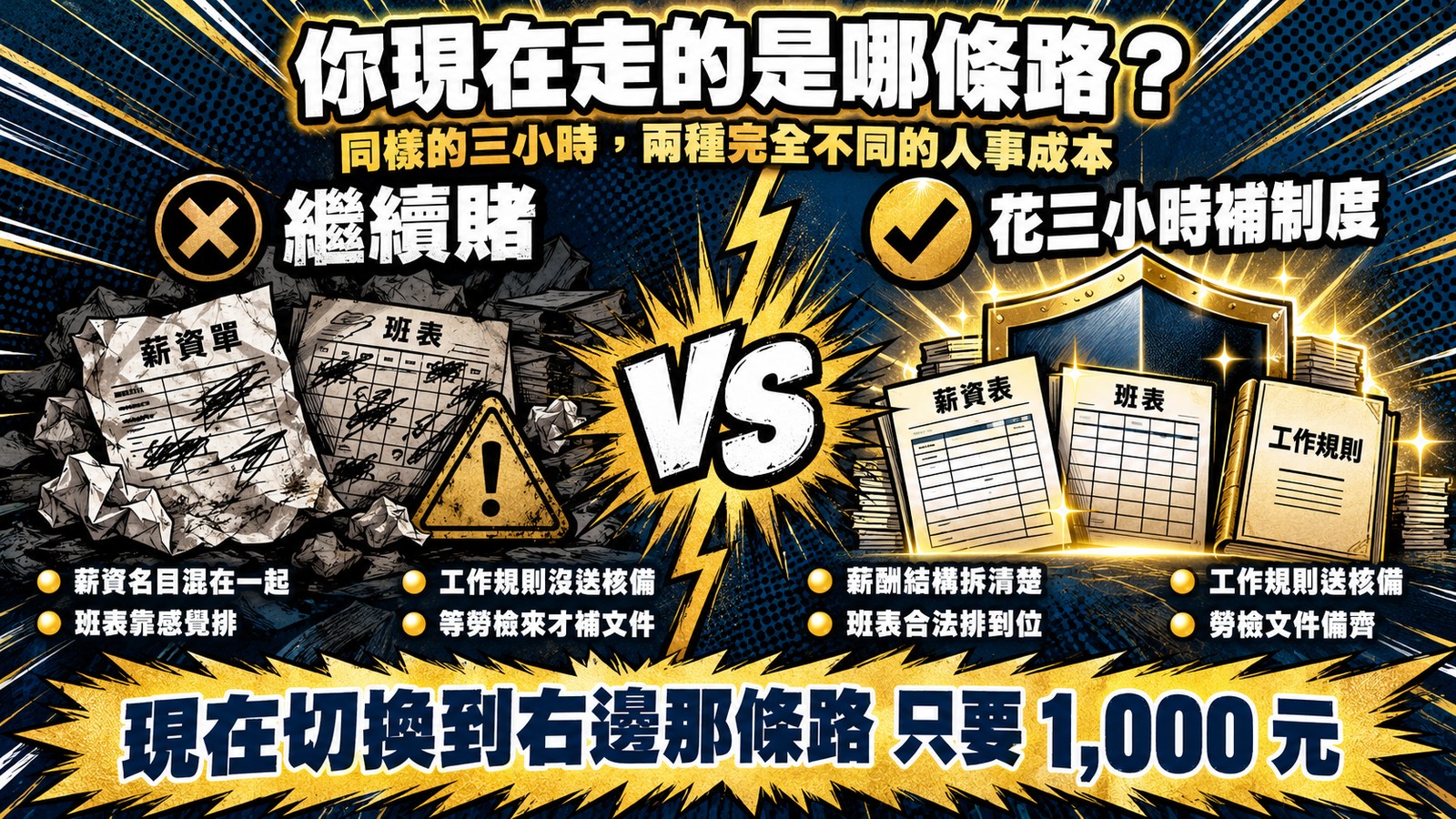 你現在走的是哪條路：繼續賭與花三小時補制度的對照，薪酬結構拆清楚、班表合法排到位、工作規則送核備、勞檢文件備齊