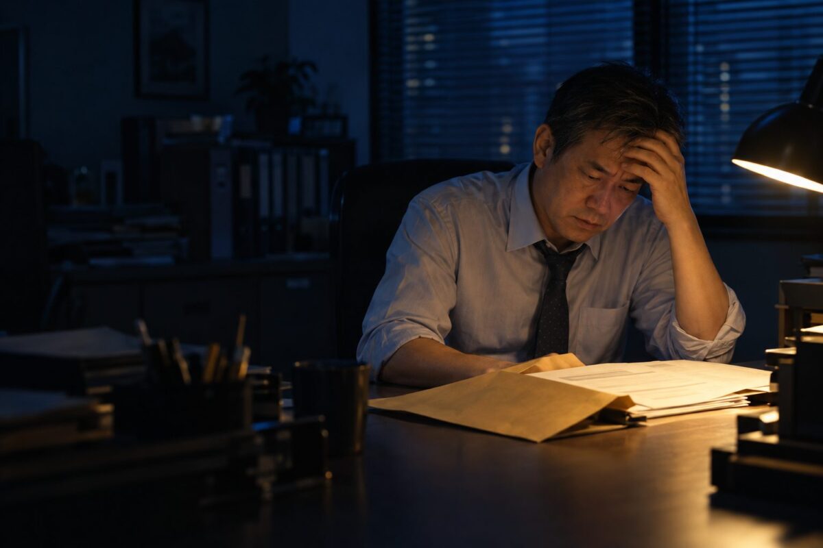 台灣中小企業老闆深夜在辦公室扶額,看著剛拆開的公文信封與文件